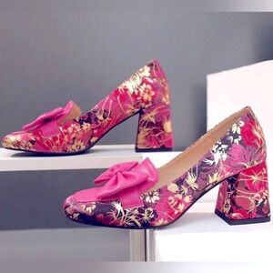 Floral Pink Women's Vintage Shoes with Bow